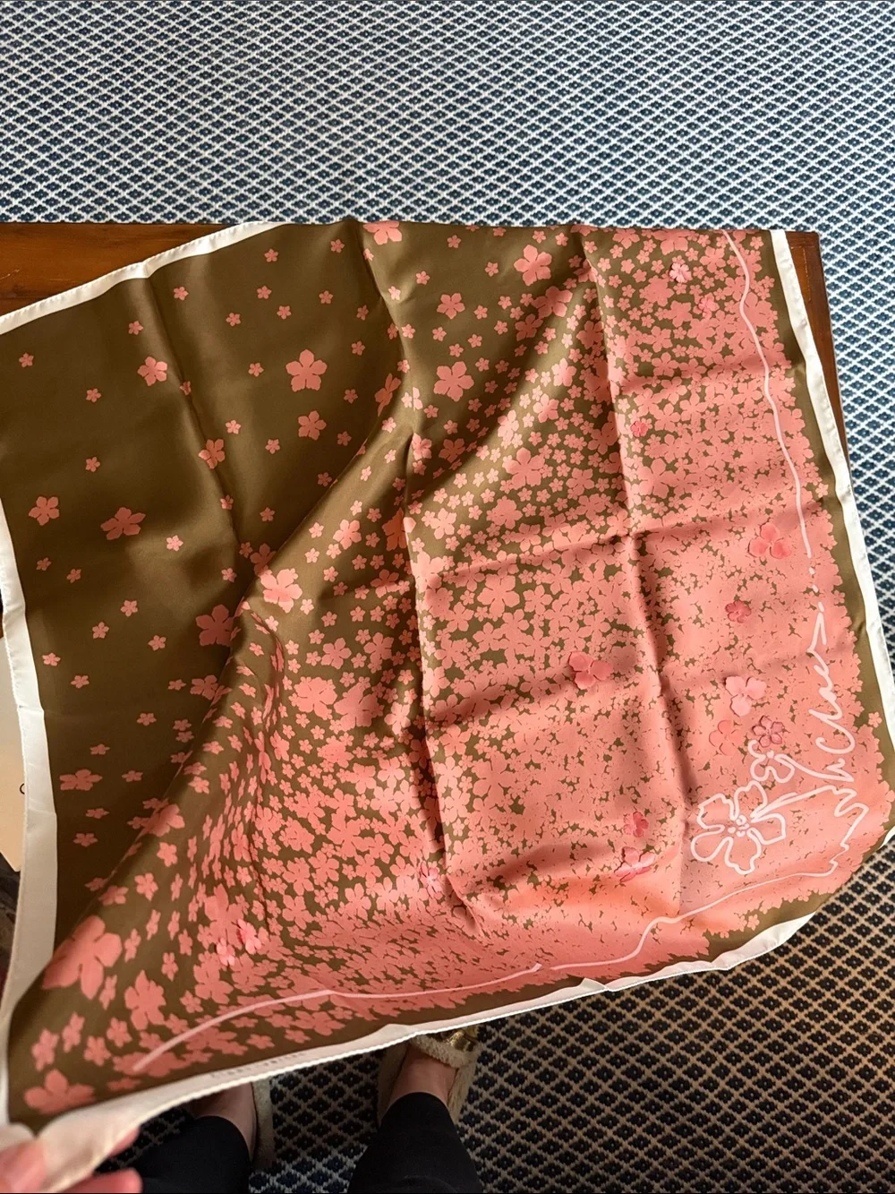 Pink Floral Silk Scarf - Pink on Olive